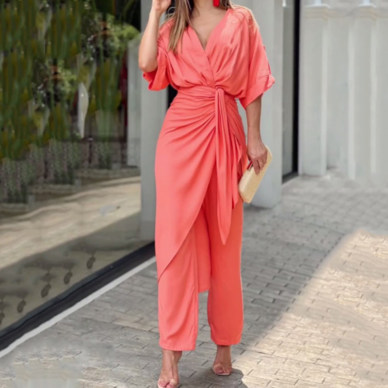 2026 New Spring Women's Clothing European And American Cross-Border Fashion Casual Bat Sleeve Solid Color Straight Pants_ecoleips.com