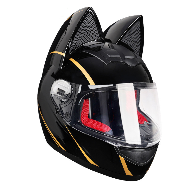 Casco de motocicleta eléctrica HNJ, casco integral con oreja de gato certificado 3C para mujer, verano, se puede equipar con auriculares Bluetooth, casco integral para motocicleta