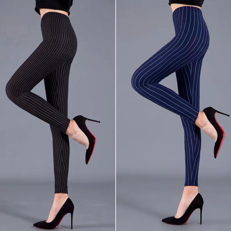 Spring and Autumn Brushed Milk Silk Vertical Striped Leggings, Stretchy Thin Nine-Point Pants for Outerwear, Korean Style Women's Pants
