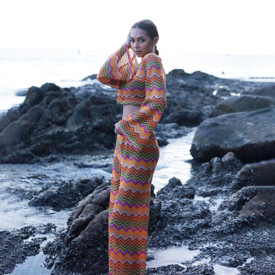 2025 Summer New Bohemian Style Rainbow Striped Navel Knitted suit Women Loose Ins Trendy Two-piece Set