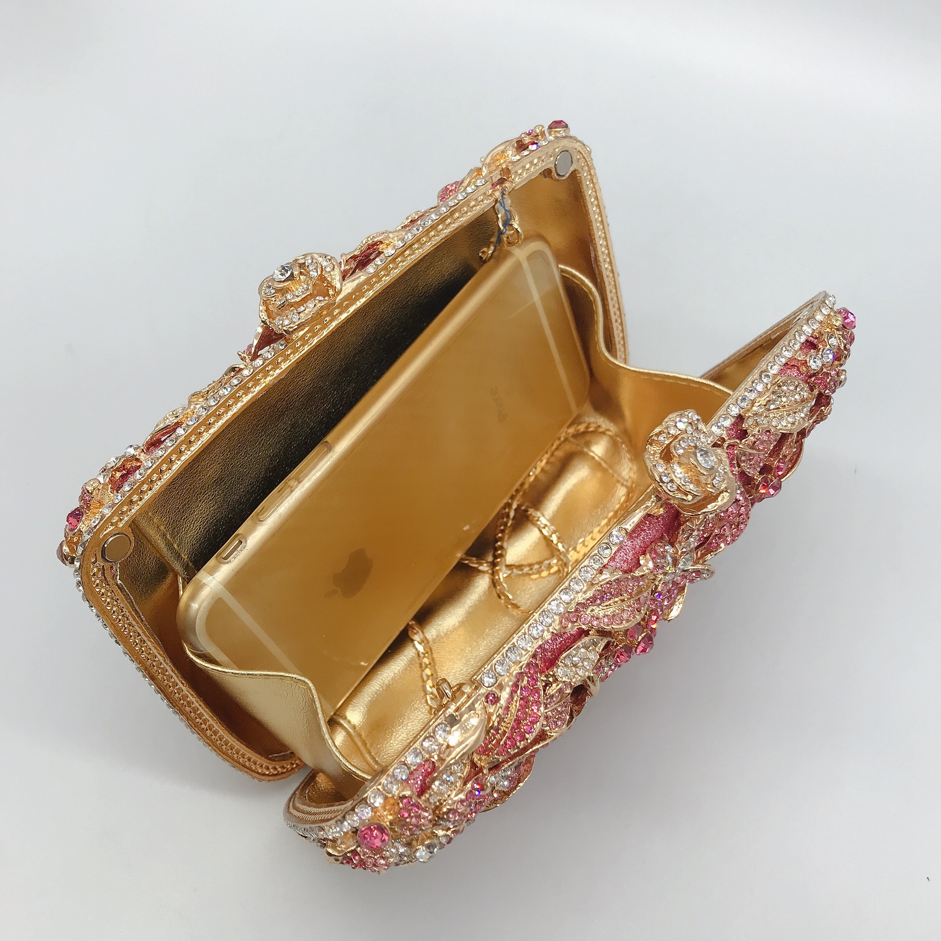 Bolso de cristal estricto pastel rosa con diamantes bolso de banquete bolso de diamantes perforado bolso de mano de mujer