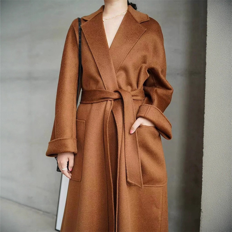 10160m Labbor cashmere coat padded coat long lace-up cashmere double-sided tweed coat for women