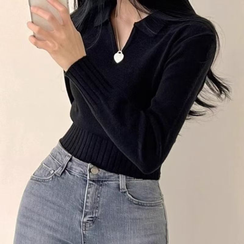 Autumn and Winter Outfits for Small People, Slim-Fitting Short Long-Sleeved Bottoming Knitwears, Polo Collar Inner Wear, Slimming Look Knitwears for Women