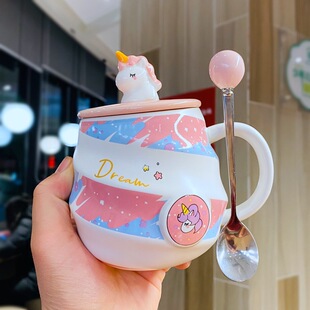 Unicorn Water Cup Rainbow Mug Coffee Cup Covered Spoon Cute Girls Home Drinking Cup Ceramic Cup