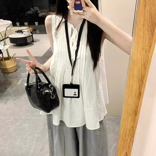 French White Pleated Vest Shirt for Women Summer Design Round Neck Strap A-Line Loose Sleeveless Shirt Top