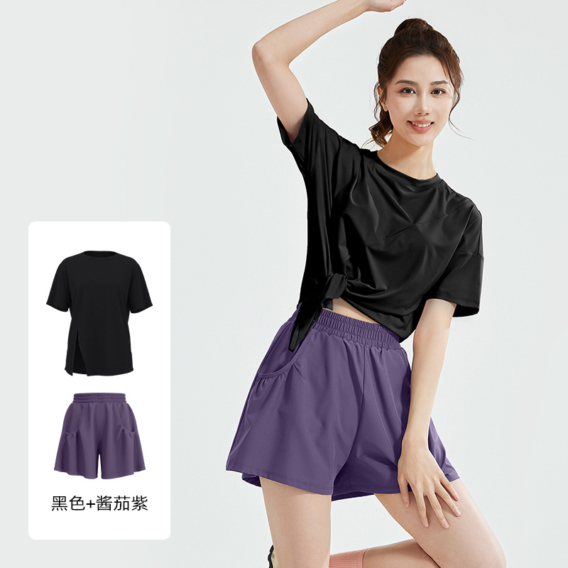 Juyi Tang primavera y otoño conjunto de yoga abierto suelto camiseta transpirable camiseta anti-stroller pantalones cortos para correr conjunto deportivo image 9