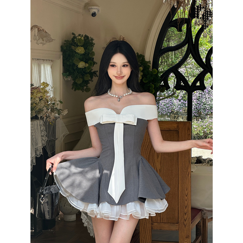 Korean Style Gentle Style Super Nice One-Shoulder Waist-Cinching Puffy Skirt Petite Beautiful Dress 2025 Autum