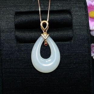 Fubei Diamond Jewelry [18K Gold Inlaid Natural Hetian White Jade Water Drop Pendant] Overall Size 19*27mm
