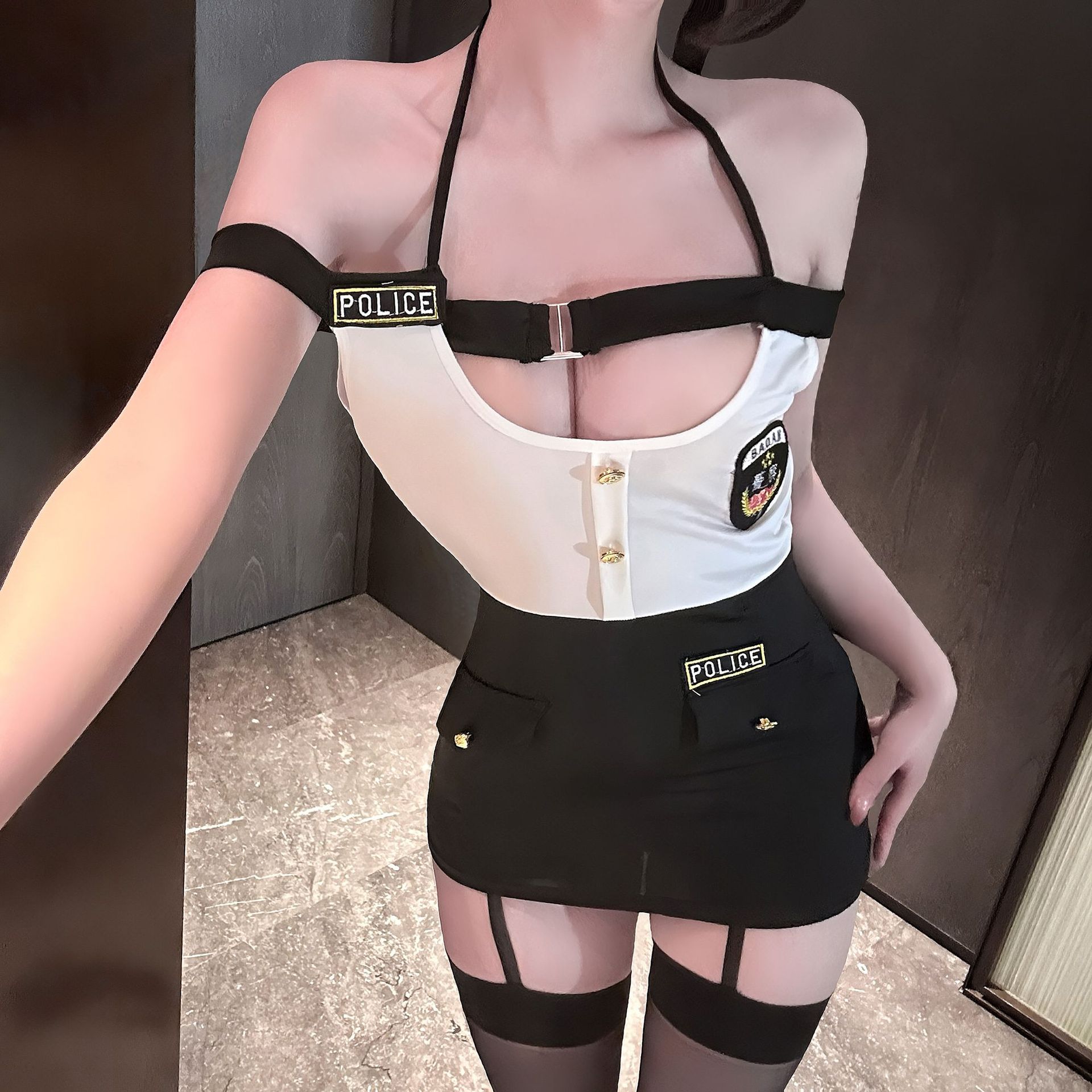Police Instructor Roleplay Costume Set with Bodysuit and Thong, Black One Size — detail image 3