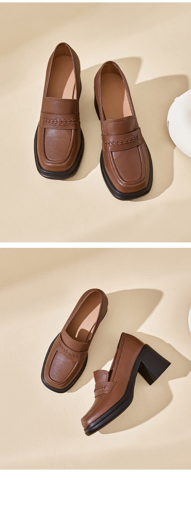 Giày loafer nữ da dê đế dày gót vuông 7,5 cm cổ sâu — màu nâu chi tiết 10