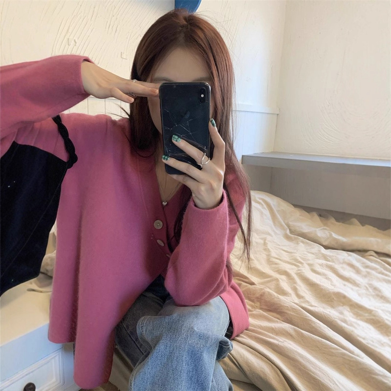 毛衣外套开衫女秋冬针织设计感小众宽松慵懒风斜扣v领内搭打底衫|undefined
