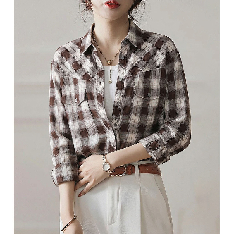[Fr Order] Ebony Brown Plaid Retro Style Lyocell Long-Sleeved Shirt for Women, American Style Loose Casual Jacket