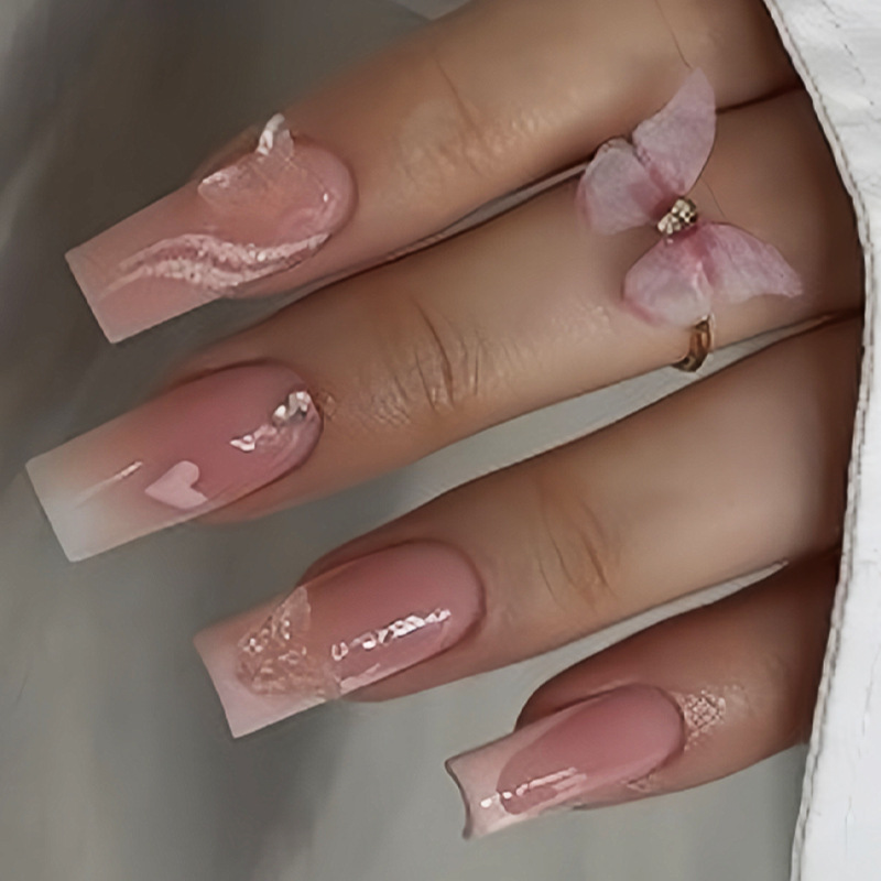 Cross-Border Hot-Selling Square-Shaped Fake Nails with Pure Pink Floral Design and Sparkling Rhinestones, Detachable Wearable Nails, Wholesale Cross-Border Hot-Selling Square-Shaped Fake Nails with Pure Pink Floral Design and Sparkling Rhinestones, Detachable Wearable Nails, Wholesale