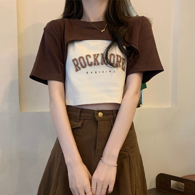 Ice Silk Rib Shawl Coat Two-Piece Summer Blouse Sexy Brown American Style Retro Hot Girl Top