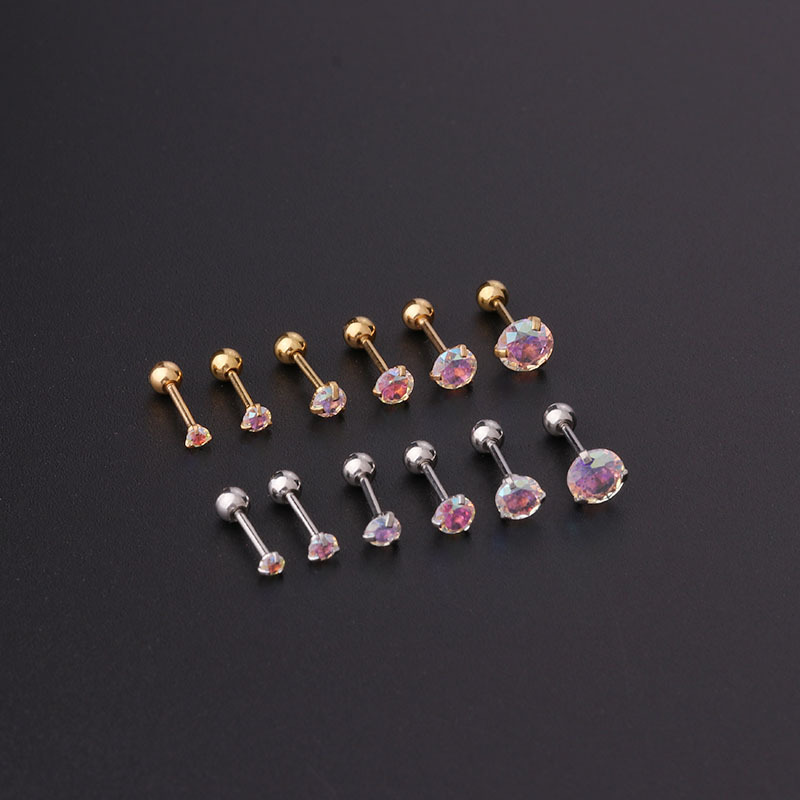 2PCS 2-5mm AB Colored Round Zircon Gold Plated Thin Rod Stainless Steel Twisted Ball Earbone Nail Korean Version Puncture_voghion.com