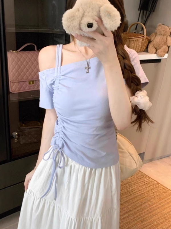 2025 新しいアメリカンホットガールワンショルダー半袖 Tシャツ女性の夏のデザインスリムフィットショートトップトレンディ|undefined