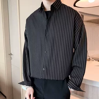条纹长袖衬衫外套男秋季痞帅潮牌ins休闲衣服韩版潮流男士黑衬衣