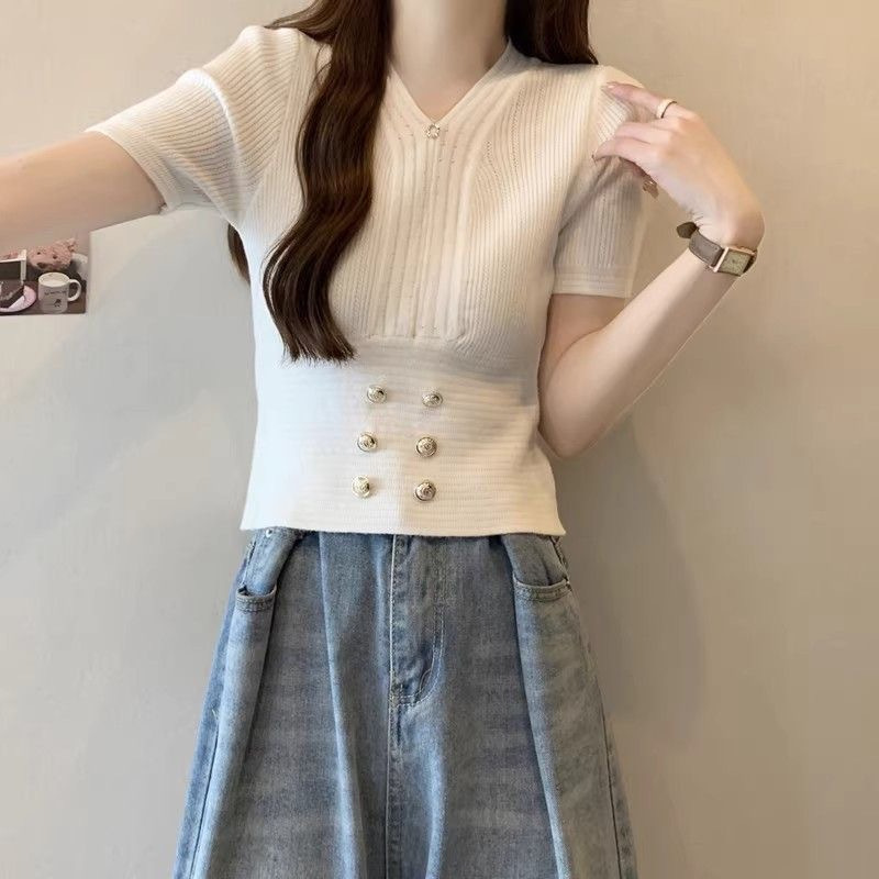 V-Ausschnitt, hohe Taille, kurzärmeliger Damen-Sommer, neuer französischer Stil, kleiner, duftender Wind, Eisseide, gestrickter Pullover_voghion.com