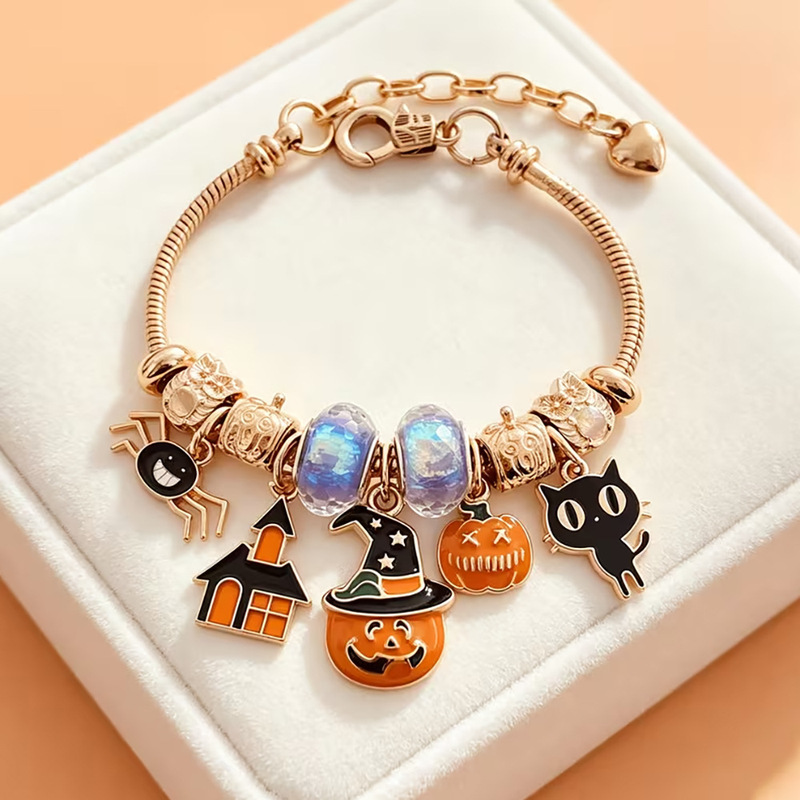 Halloween limited edition pumpkin black cat pendant bracelet, adjustable snake bone beaded bracelet, holiday atmosphere gift