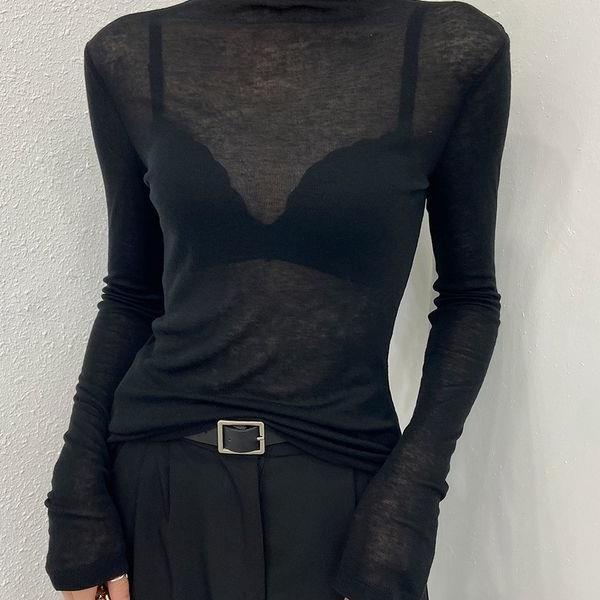 Trendy Sheer Turtleneck Base Shirt for Women, Autumn and Winter Thin Stylish Layered Top with a Stylish Stacked Collar