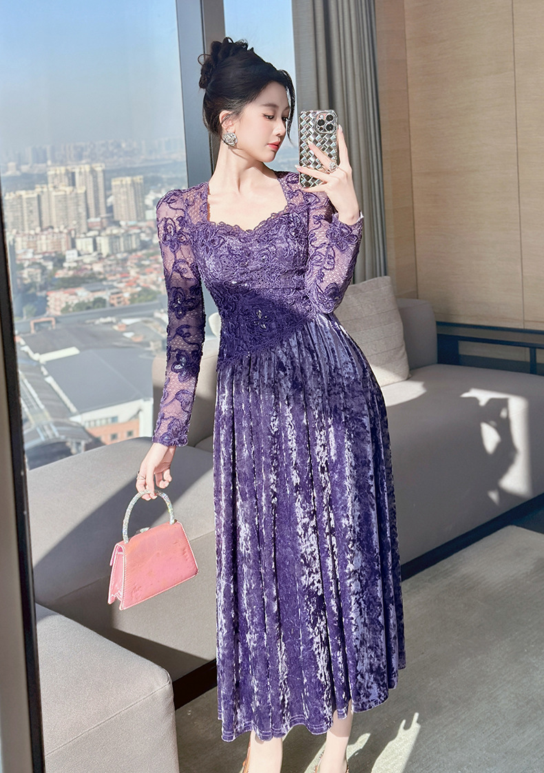 Đầm maxi nữ cổ vuông nhung thêu tay bồng thắt eo — đen chi tiết 1