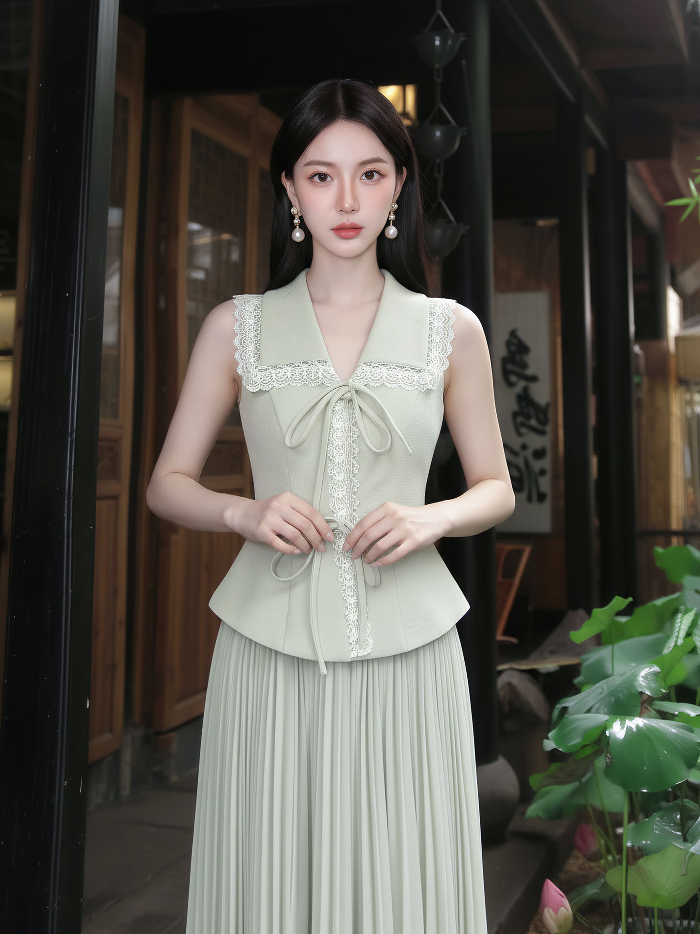 Set áo vest gile và chân váy ren phối ren thêu hoa, eo thon — bộ đồ, nửa váy, Trang chủ