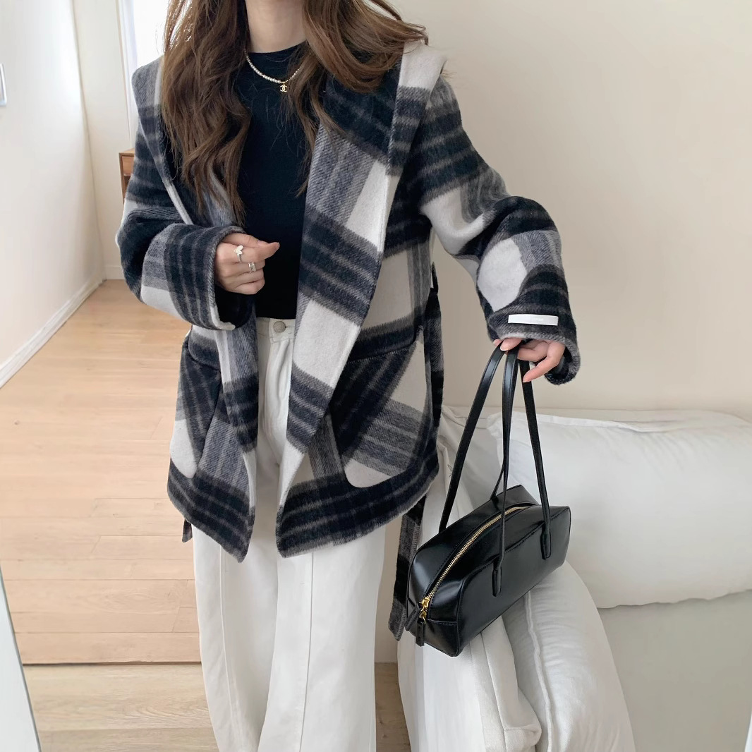 欧货连帽格子双面羊毛大衣女中长款2024秋冬新款赫本风羊毛呢外套