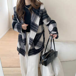 欧货连帽格子双面羊毛大衣女中长款2024秋冬新款赫本风羊毛呢外套