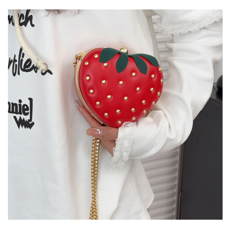 180g Weight Rivet Fashion Element Women's Medium Pu Leather Strawberry Cute Rivet Round Clasp Frame Crossbody Bag