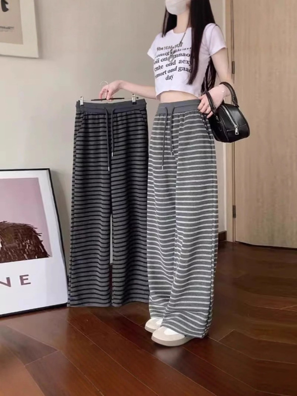 小个子复古条纹阔腿裤女春季2025新款垂感直筒显瘦休闲针织拖地裤|undefined