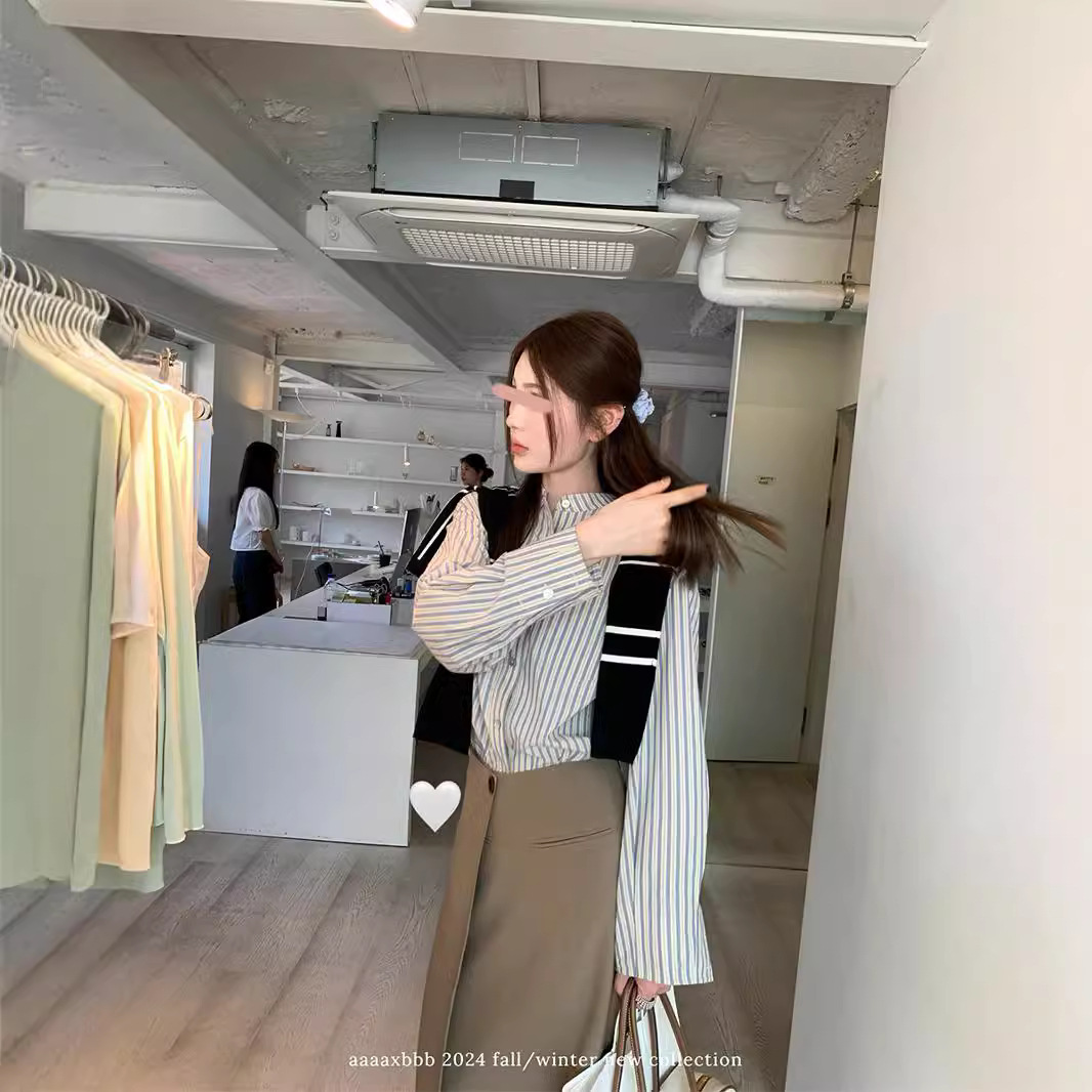 AAAAXBB 실버 로마 2 색 줄무늬 셔츠 긴팔 탑 작은 칼라 느슨한 올 매치 초가을 탑