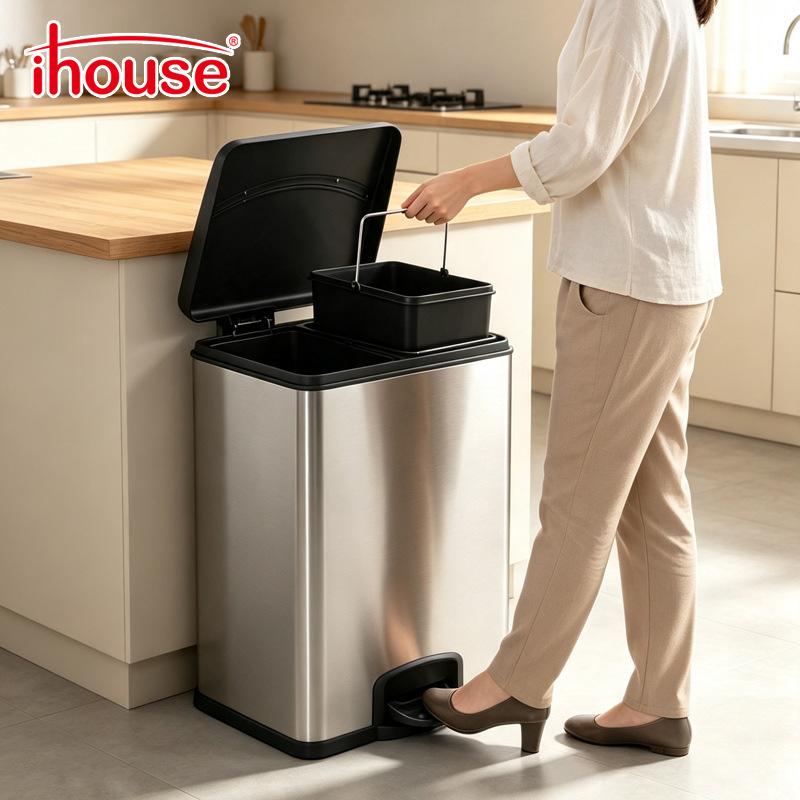 iHouse Stainless Steel Trash Can, Single Bin, for Home, Office, Kitchen, Living Room, Large, Wet/Dry, Silent, Pedal Operated