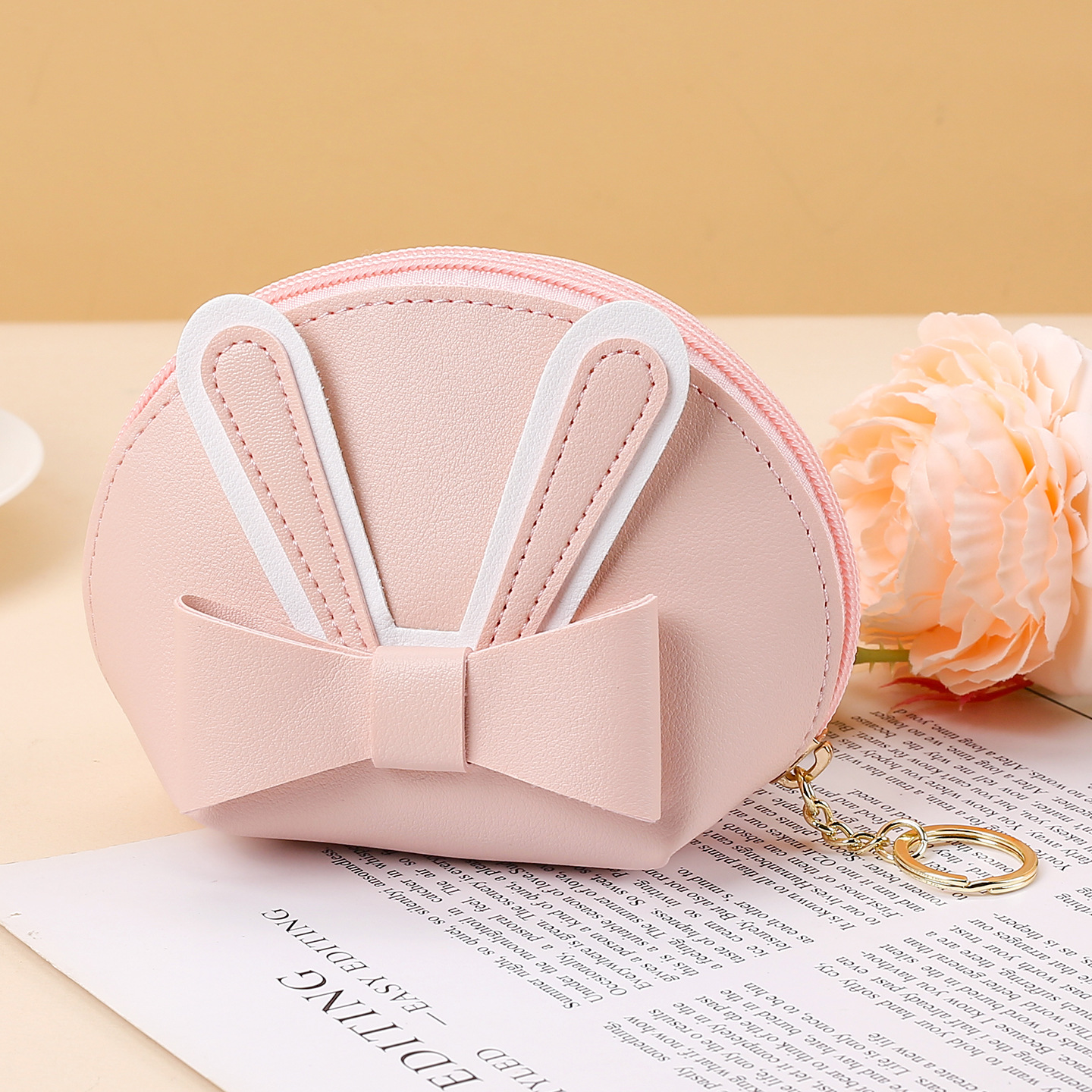 Botón de arco PU piel mini billetera nuevo lindo bolso de monedas de estudiantes llaveras con cremallera pequeña bolsa de cambio