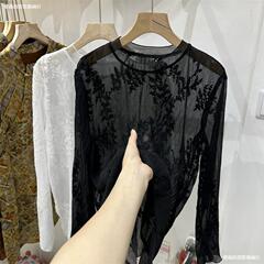 韩系蕾丝刺绣侧开叉长袖恤女2025夏季款宽松休闲百搭衣上衣