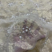 国风亮片钉珠双层纱金色蕾丝刺绣面料婚纱礼服连衣裙时装布浅金