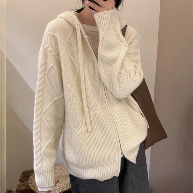 Lazy Style Casual Hooded Knitwear for Women Autumn and Winter Korean Style Trendyy Loose Rhombus Zipper Cardigan Knitwear Jacket