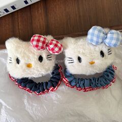 可爱蓝色格子猫咪牛仔发圈日系甜美高颜值少女马尾发绳发饰批发