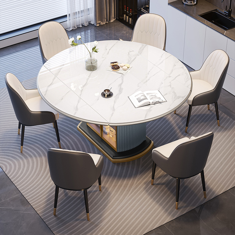 Light Luxury Slate Dining Table Modern Simple Variable Round Table Storage Dining Table Home Small Apartment Telescopic Folding Induction Cooker