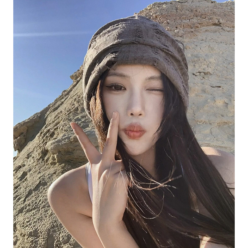ins破洞堆堆帽女秋冬百搭保暖护耳月子帽韩版潮大头围包头帽冷帽|undefined