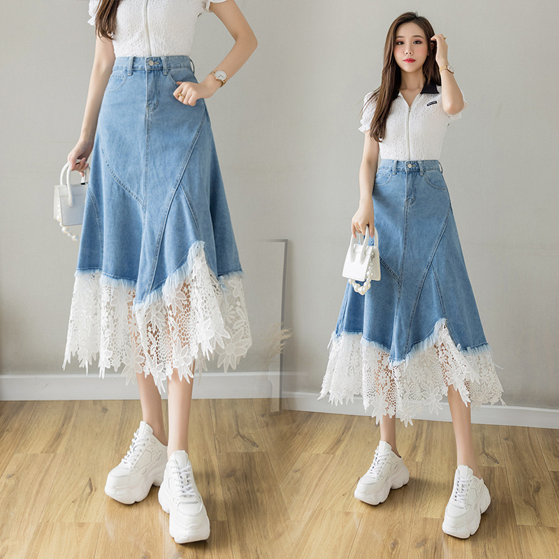 Real Shot of A-Line High-Waisted Lace Stylish Mid-Length Denim Skirt for Women, New Style for Spring and Autumn 2026 Real Shot of A-Line High-Waisted Lace Stylish Mid-Length Denim Skirt for Women, New Style for Spring and Autumn 2026
