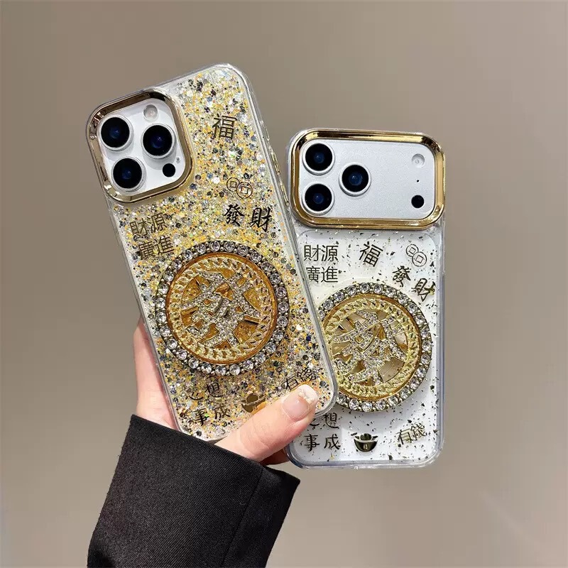 Gold Foil Rhinestone Turntable Suitable for Iphone17Pro New Year Phone Case Apple 16Promax Rotating Stress-Relief 15P Gold Foil Rhinestone Turntable Suitable for Iphone17Pro New Year Phone Case Apple 16Promax Rotating Stress-Relief 15P