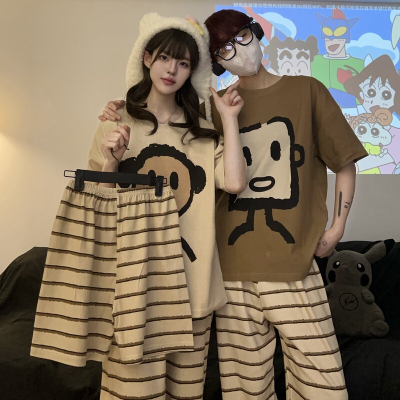 Cross-border Wholesale Couple Pajamas Women's High Cartoon Doll Spring and Autumn Loose Home Clothes Round Neck Short Sleeve Three-piece Set Summer Cross-border Wholesale Couple Pajamas Women's High Cartoon Doll Spring and Autumn Loose Home Clothes Round Neck Short Sleeve Three-piece Set Summer