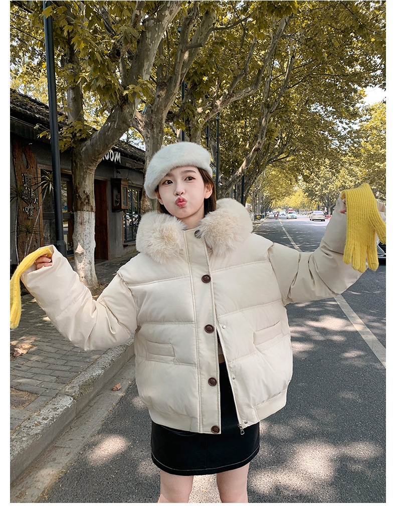 Big fur collar 2024 winter new Korean version loose short clothing cotton women's hooded thickened Down jacket_voghion.com