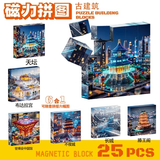 儿童益智磁力方块六合一多主题古建筑球星3D立体拼图早教玩具批发