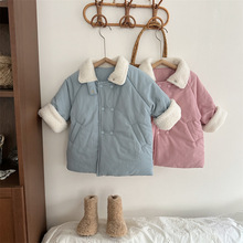 喜范冬款新品儿童双排扣毛毛拼接袖长款棉服女童纯色加厚夹棉外套