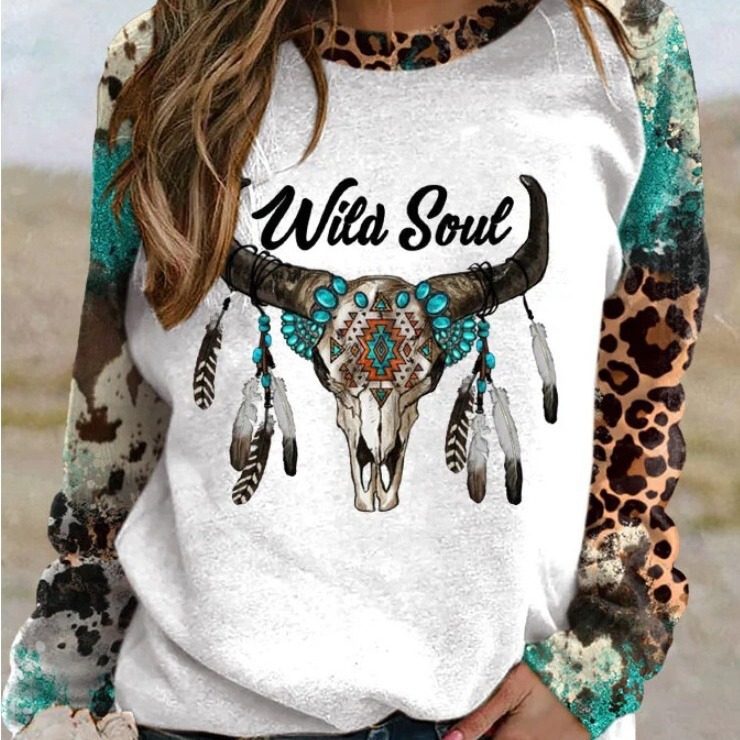 Cross-border Amazon Women's pullover casual 3D digital printing western ethnic style round neck long sleeve sweater