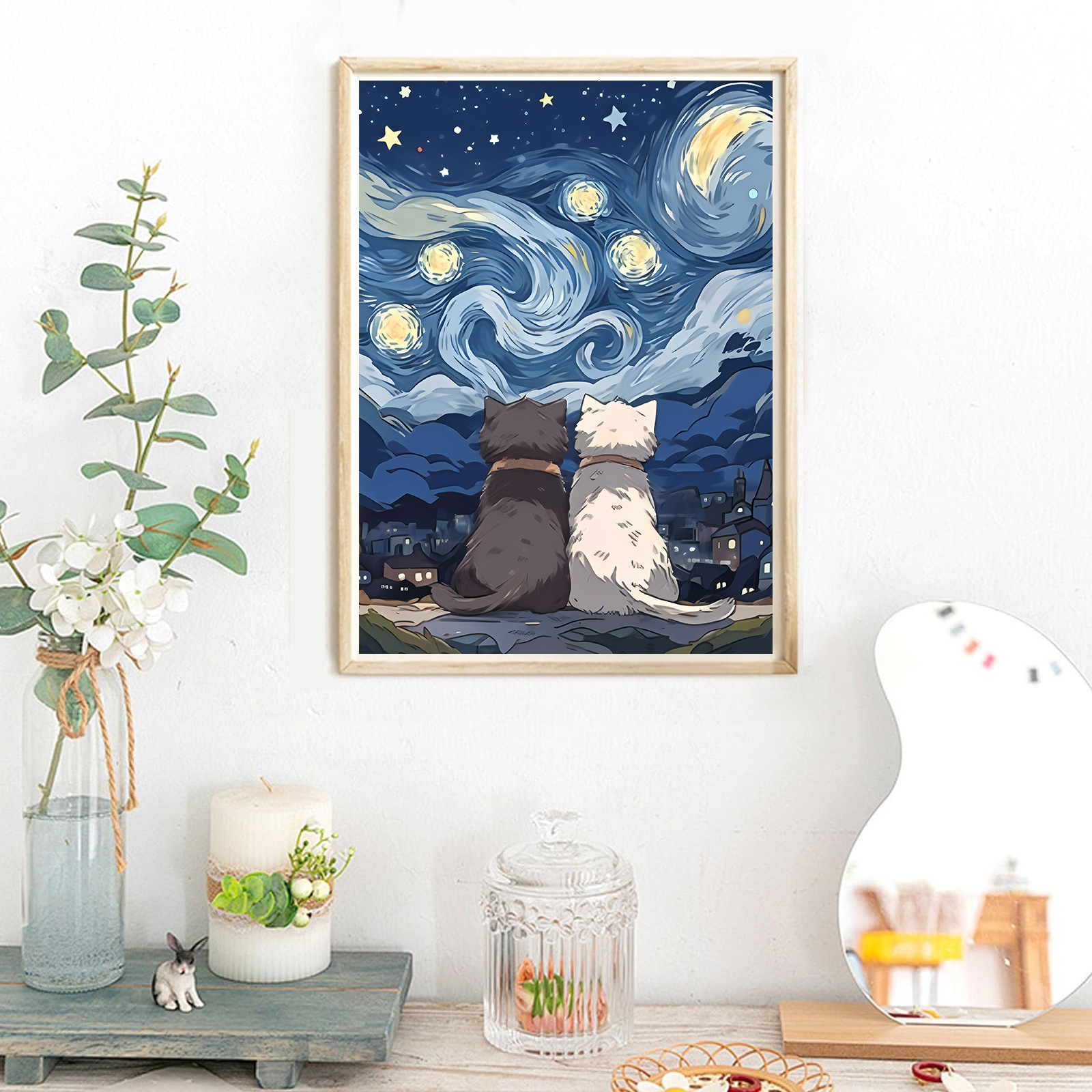 Transfronterizo Van Gogh Starry Sky Meow Pintura de diamantes Dibujos animados creativos Diy Niños Pegatinas hechas a mano Pintura decorativa de diamantes al por mayor