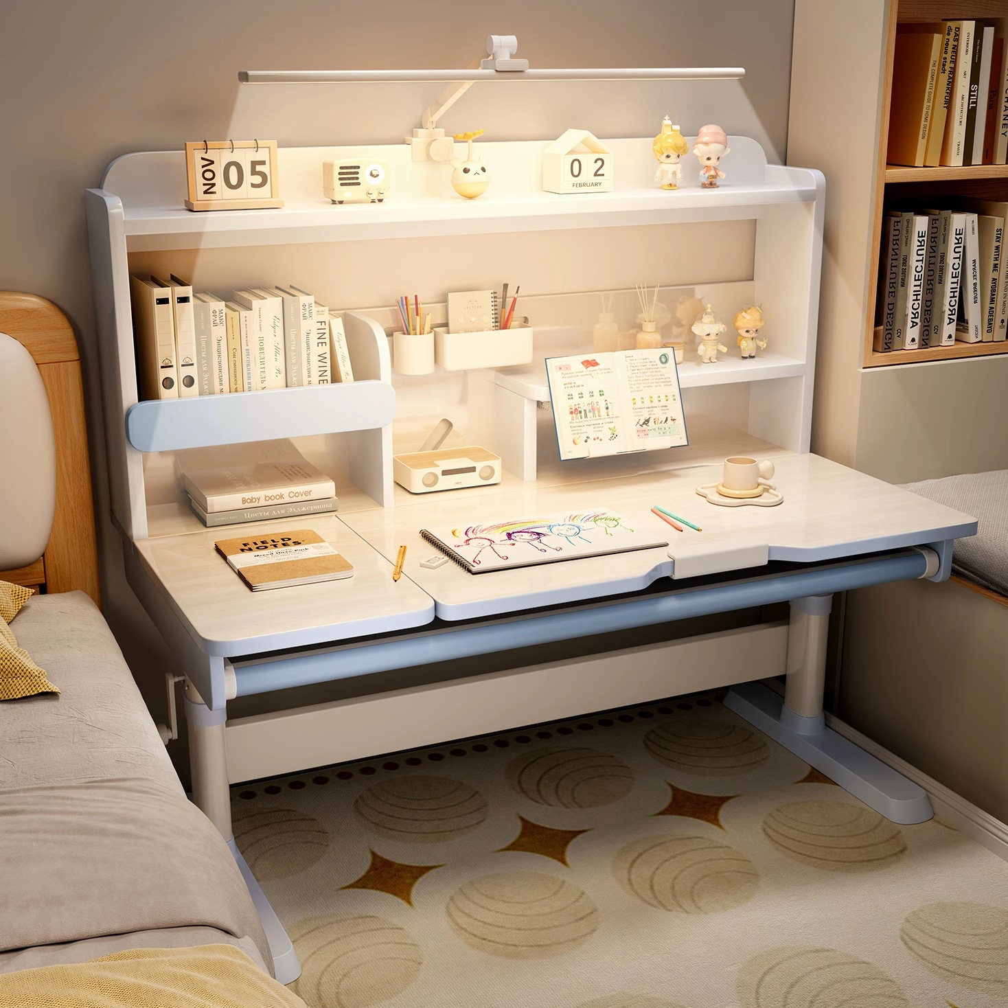 Children's Study Table, Primary School Student Writing Desk, Solid Wood Lifting Bookshelf Table, Home Homework Desk and Chair Set