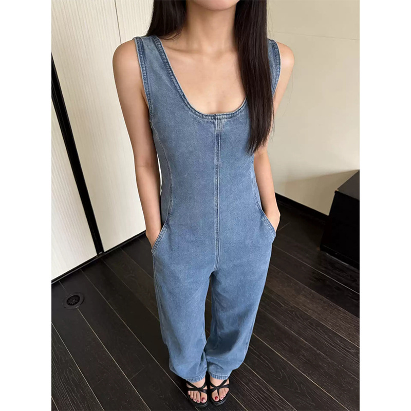 Autumn American Retro Denim Jumpsuit Women's Loose Fit Slimming High Waist Flowing Workwear Style Wide Leg Pants Long Trousers