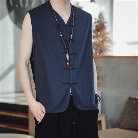 Verano estilo chino Chaleco de los hombres chaleco Lino estilo retro hanfu estilo chino hebilla con cuello en V chaleco algodón Lino Tang traje hombres image 4